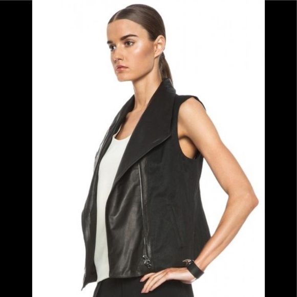 Vince Asymmetric Leather Linen-Blend Moto Vest S
